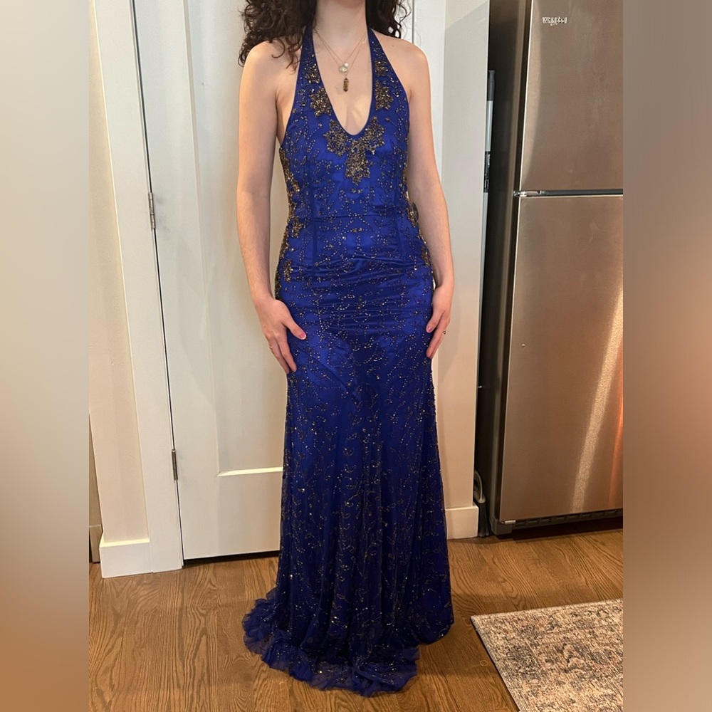 Lotus Threads royal blue beaded mermaid halter dress new w tags. Size 6